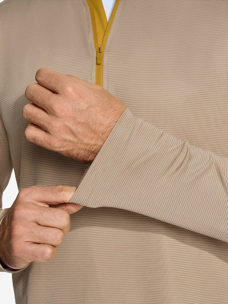Close-up of cuff on Pinstripe Quarter Zip Pullover, showing stretch and construction – APRICOT MELANGE