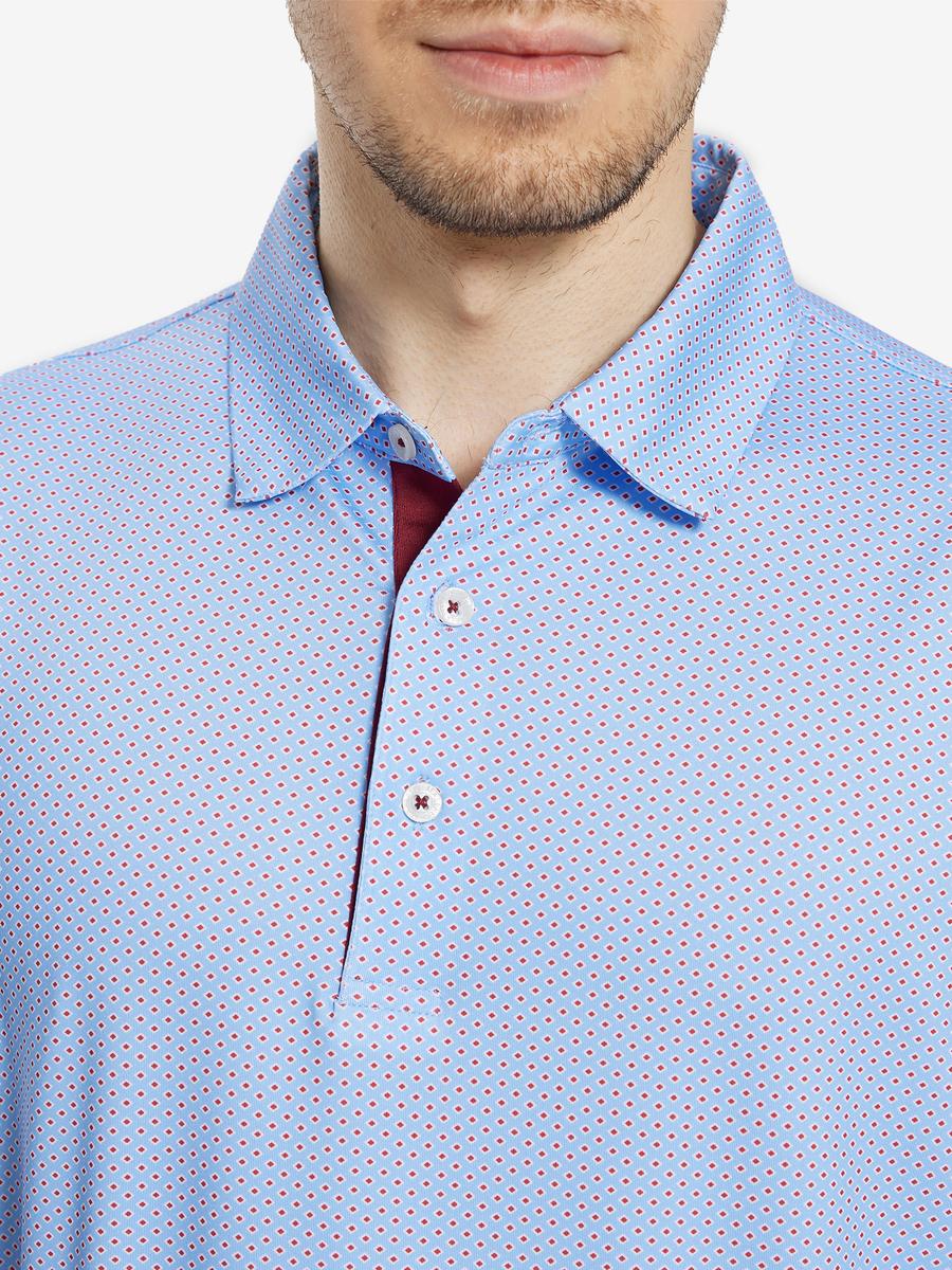 MAELREG Men's Performance Jersey Print Polo – Front chest view in Blue Red Diamond