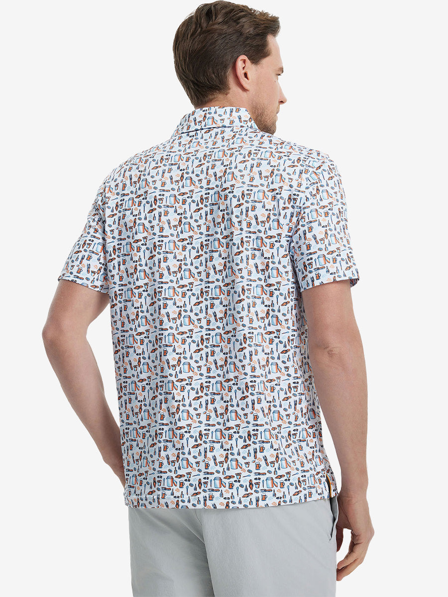 Back view of MAELREG Men's Performance Jersey Print Polo in White Orange Picnic – athletic fit