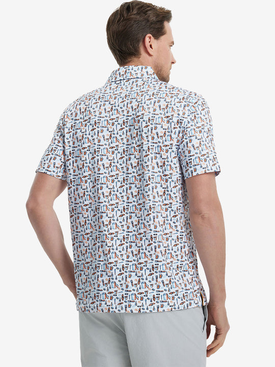 Back view of MAELREG Men's Performance Jersey Print Polo in White Orange Picnic – athletic fit