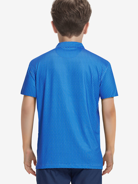 Rear half-body view of boy in BLUE SWORDFISH polo standing on the fairway