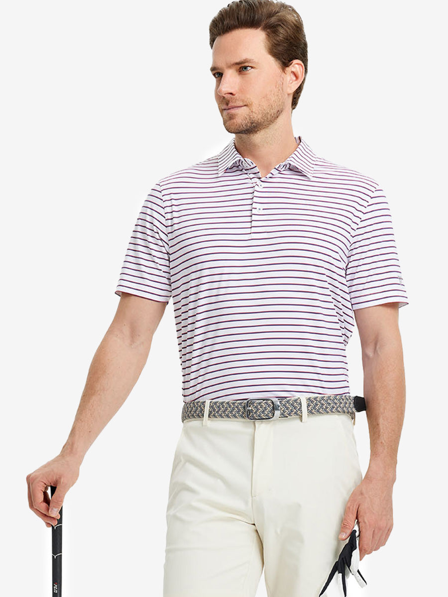 Back half-body view of WHITE/NAVY STRIPE Polo with tailored fit
