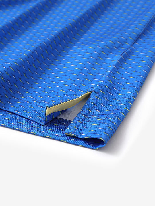 Detailed side hem slit on BLUE SWORDFISH polo showing stitching and comfort fit