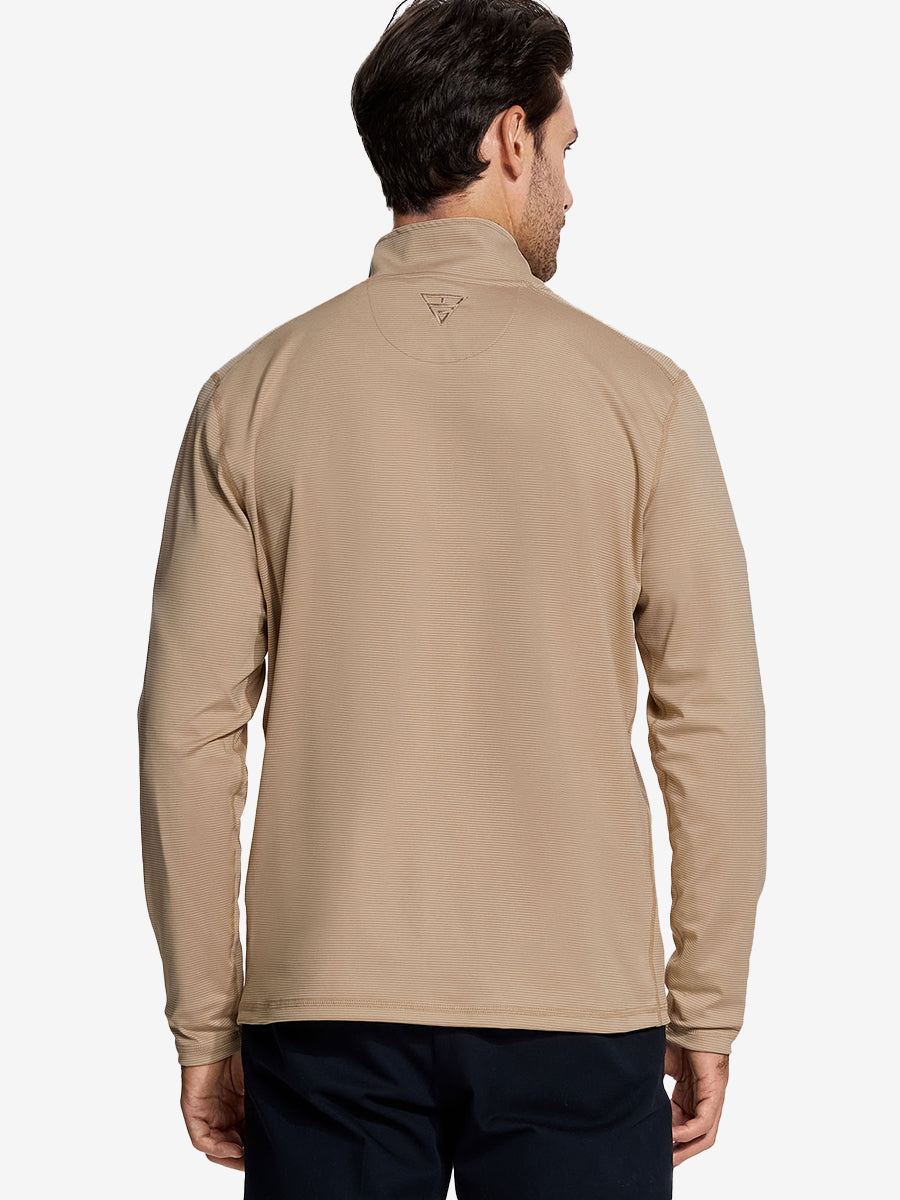 Back half-body view of model in Pinstripe Quarter Zip Pullover, showing back detail – APRICOT MELANGE