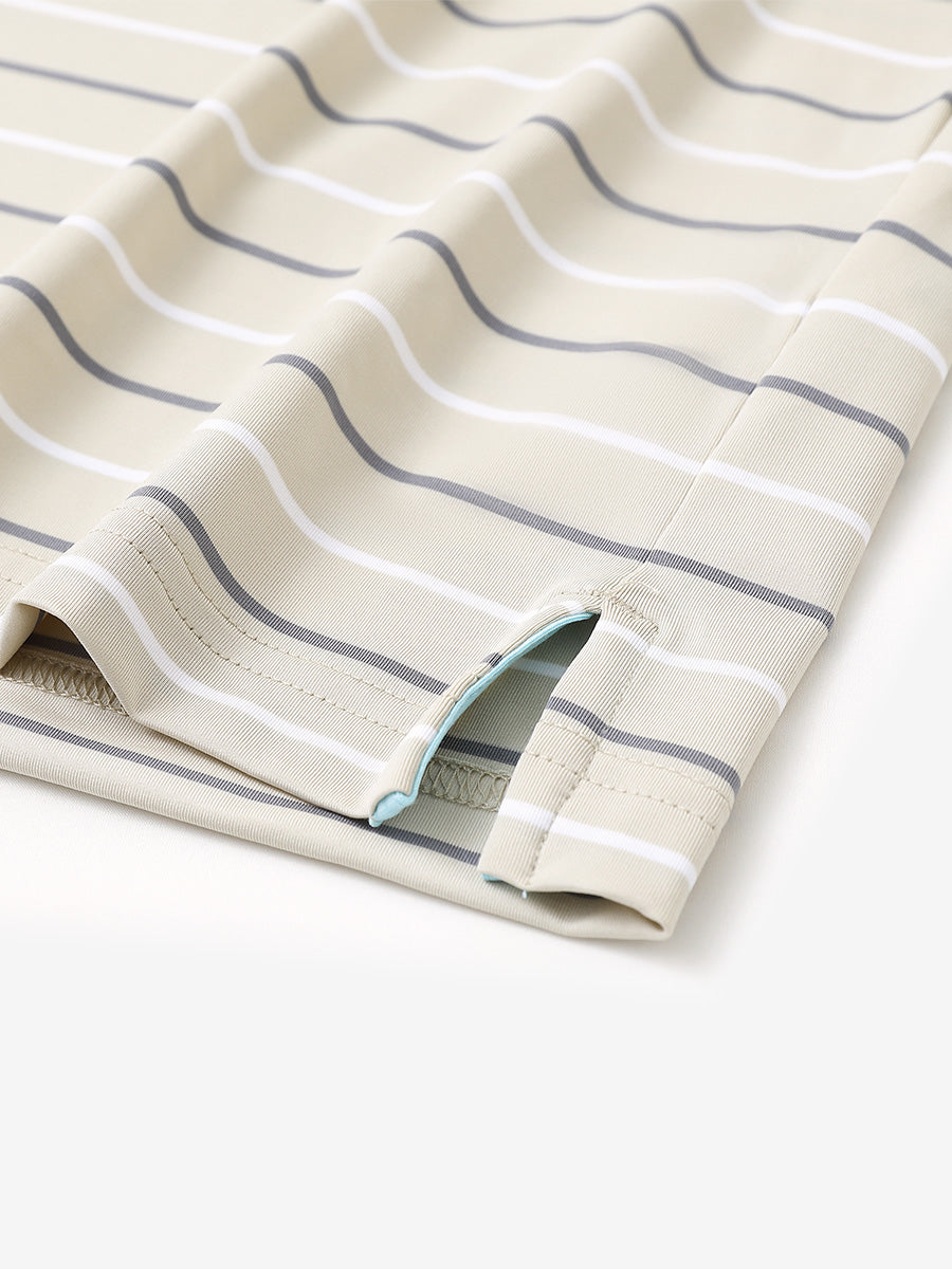 Back half-body view of model wearing LIGHT KHAKI STRIPE Stylish Performance Golf Polo
