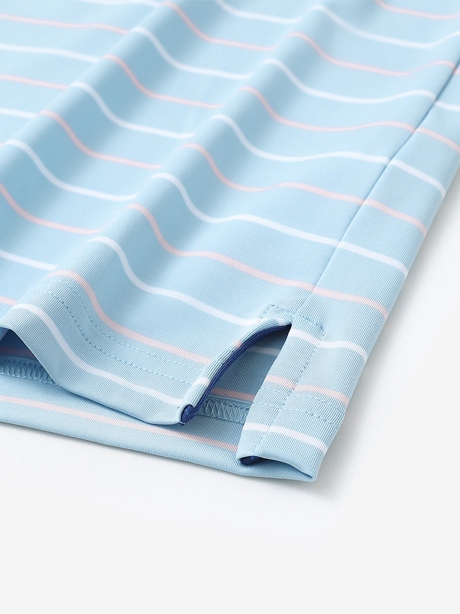 Side slit hem detail on MISTY BLUE STRIPE Stylish Performance Golf Polo — clean and functional finish