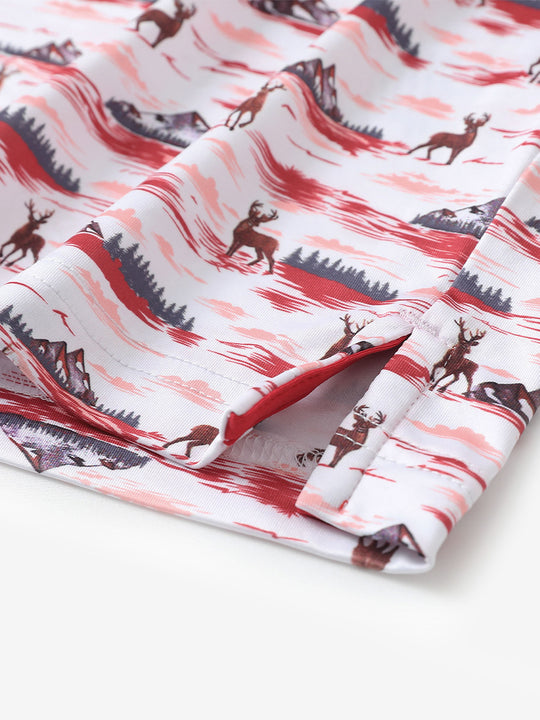 Hem slit detail of MAELREG Performance Jersey Print Polo in Sunset Elk – comfort & movement