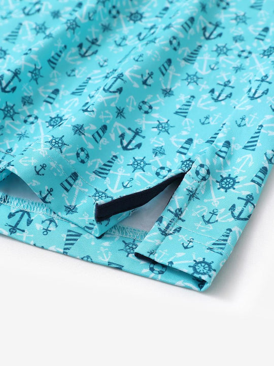 Hem slit detail of MAELREG Performance Jersey Print Polo in Beacon Boat Anchor – comfort & movement