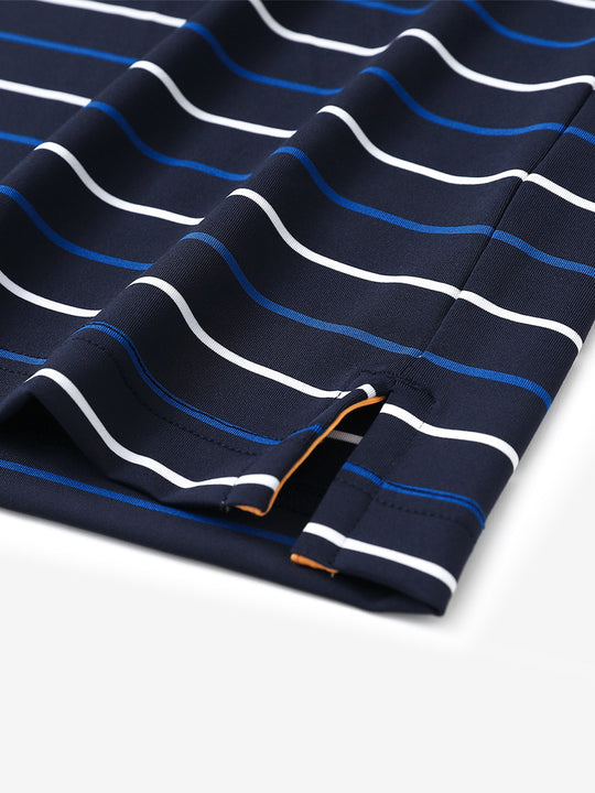 Back half-body view of model wearing NAVY STRIPE Stylish Performance Golf Polo