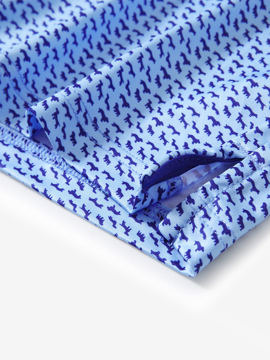 Hem slit detail of MAELREG Performance Jersey Print Polo in Bluejay Navy Dogs – comfort & movement