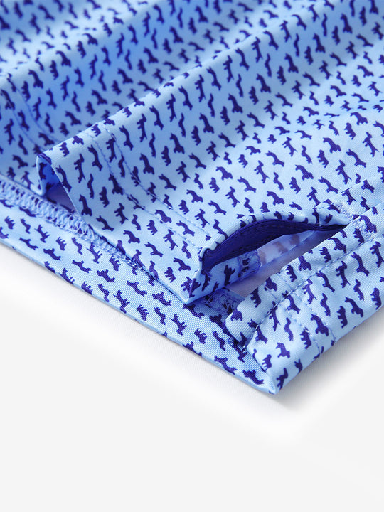 Hem slit detail of MAELREG Performance Jersey Print Polo in Bluejay Navy Dogs – comfort & movement