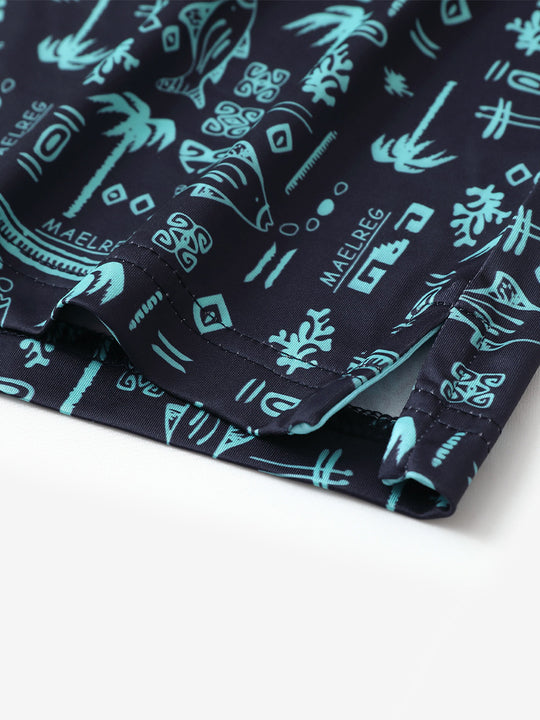Hem slit detail of MAELREG Performance Jersey Print Polo in Navy Ocean Beach – comfort & movement