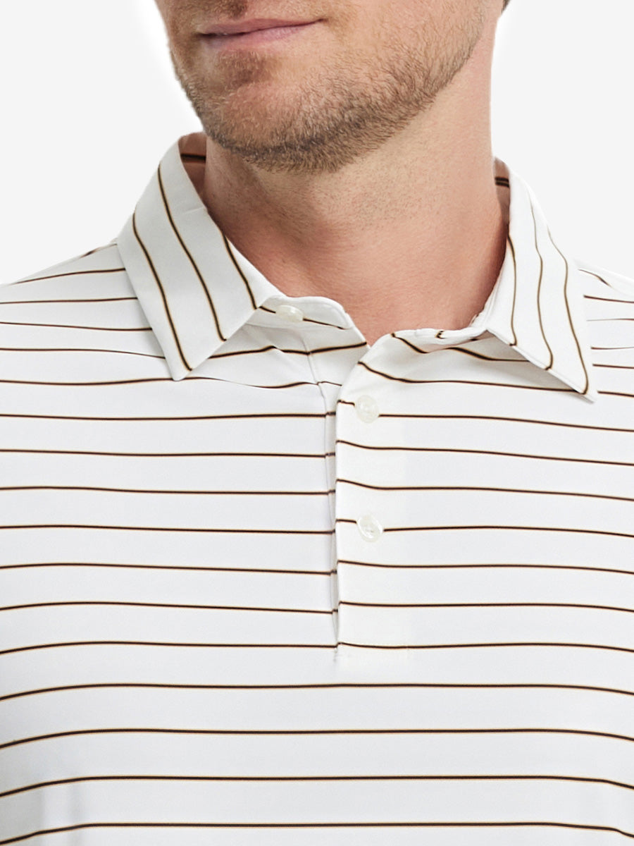 Model front view from nose to chest wearing CREAM STRIPE Water Resistant Stripe Nylon Polo