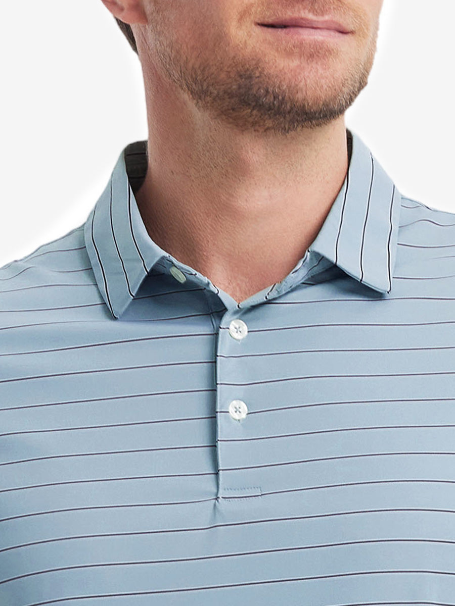 Model front view from nose to chest wearing SKY BLUE STRIPE Water Resistant Stripe Nylon Polo