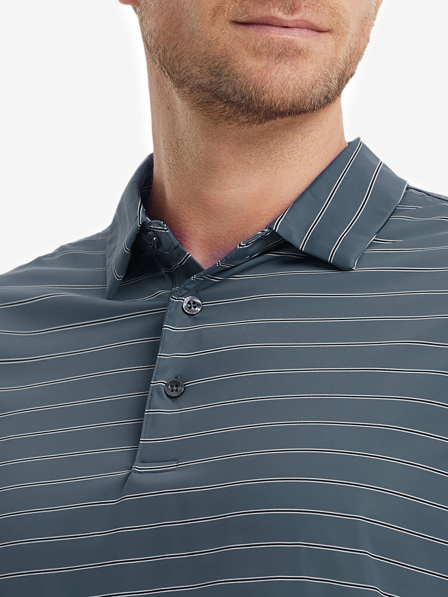 Model front view from nose to chest wearing DARK SLATE BLUE STRIPE Water Resistant Stripe Nylon Polo