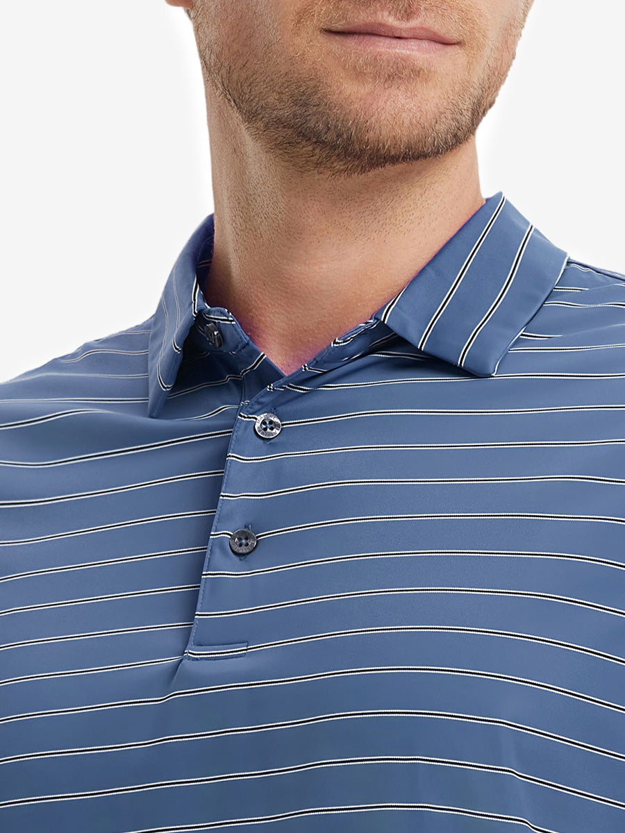 Model front close-up from nose to chest wearing Water Resistant Stripe Nylon Polo in Blue Stripe.