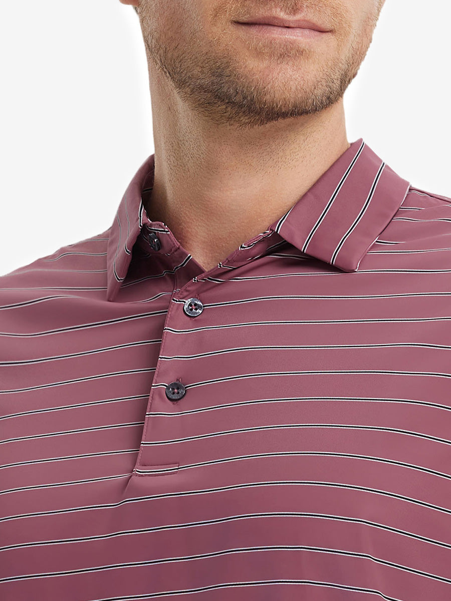 Model front close-up from nose to chest wearing Water Resistant Stripe Nylon Polo in Beet Red Stripe.