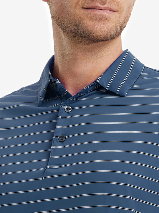 Model front view from nose to chest wearing DARK BLUE STRIPE Water Resistant Stripe Nylon Polo