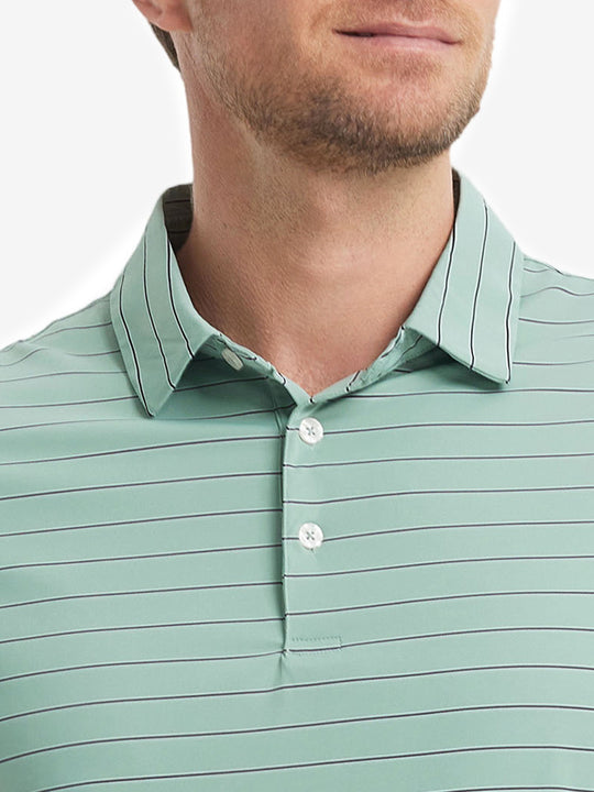 Model front view from nose to chest wearing LIGHT GREEN STRIPE Water Resistant Stripe Nylon Polo