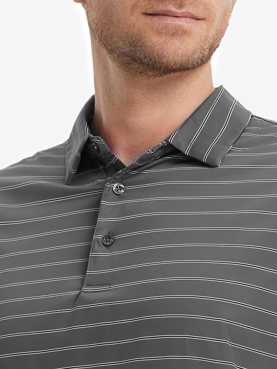 Model front view from nose to chest wearing DARK GREY STRIPE Water Resistant Stripe Nylon Polo