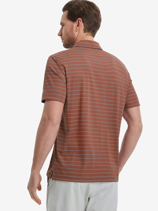 Model half-body back wearing Water Resistant Stripe Nylon Polo in Henna Stripe.