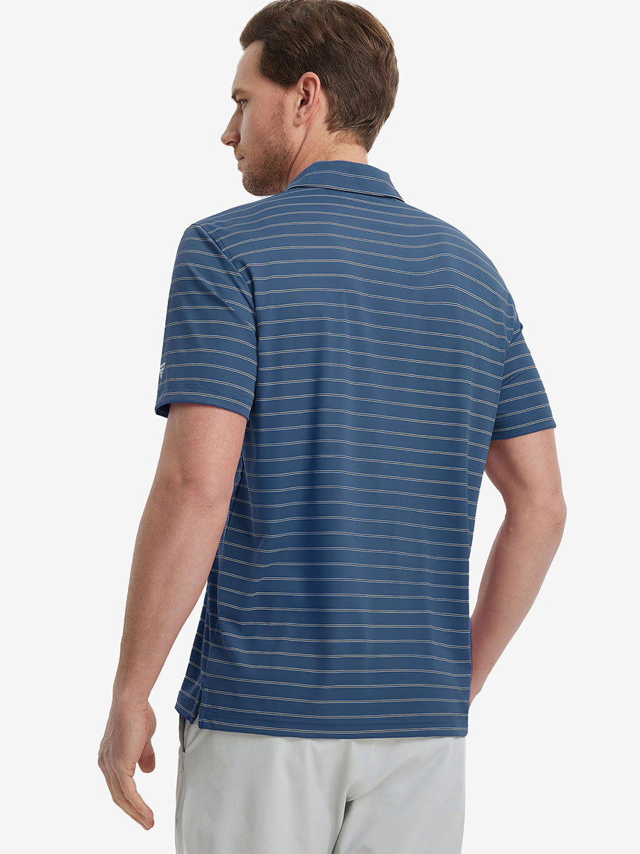 Back half-body view of model wearing DARK BLUE STRIPE Water Resistant Stripe Nylon Polo