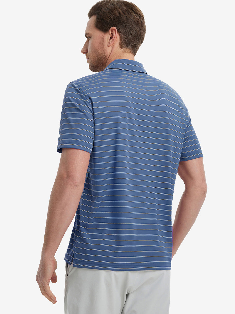 Model half-body back wearing Water Resistant Stripe Nylon Polo in Blue Stripe.