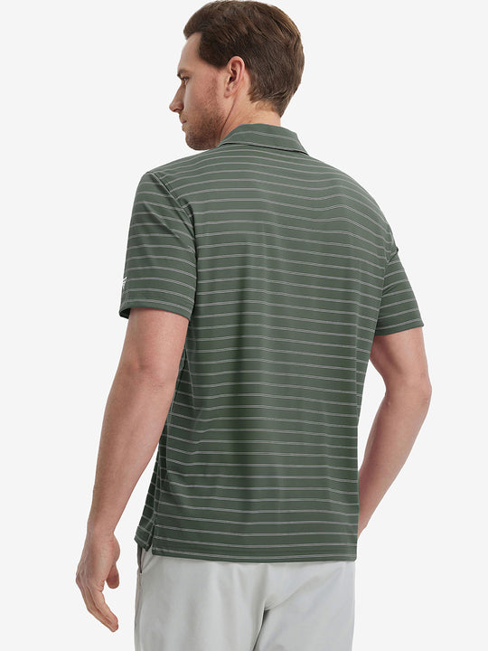 Back half-body view of model wearing BLACKISH GREEN STRIPE Water Resistant Stripe Nylon Polo