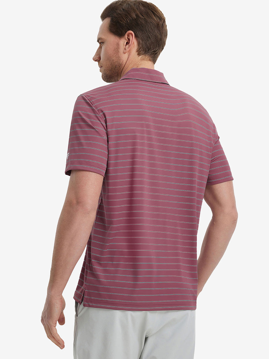 Model half-body back wearing Water Resistant Stripe Nylon Polo in Beet Red Stripe.