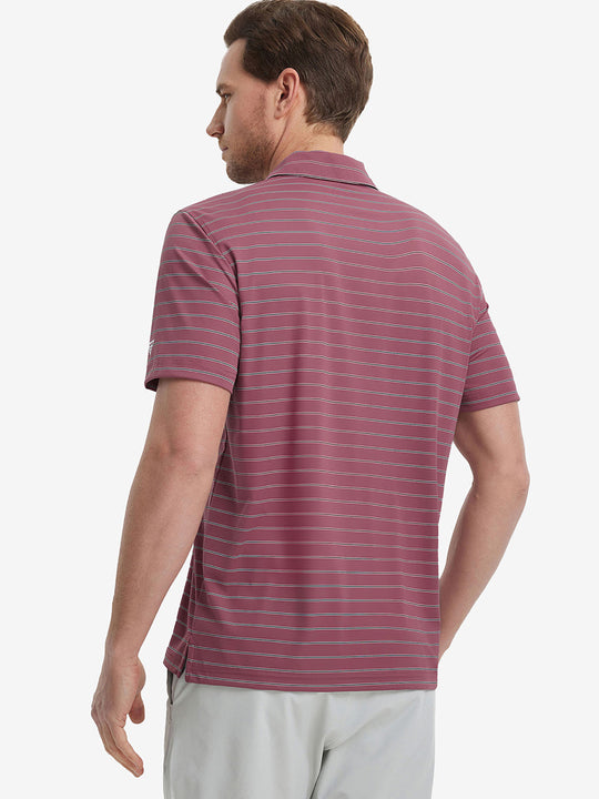 Model half-body back wearing Water Resistant Stripe Nylon Polo in Beet Red Stripe.