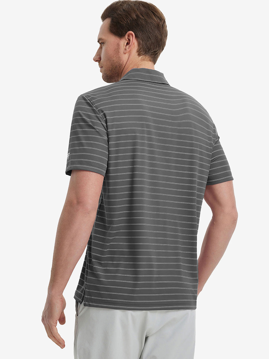 Back half-body view of model wearing DARK GREY STRIPE Water Resistant Stripe Nylon Polo