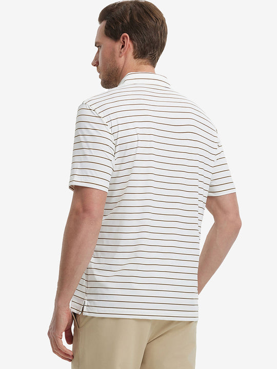 Back half-body view of model wearing CREAM STRIPE Water Resistant Stripe Nylon Polo