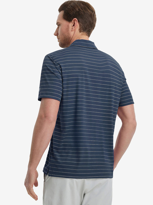 Back half-body view of model wearing NAVY STRIPE Water Resistant Stripe Nylon Polo