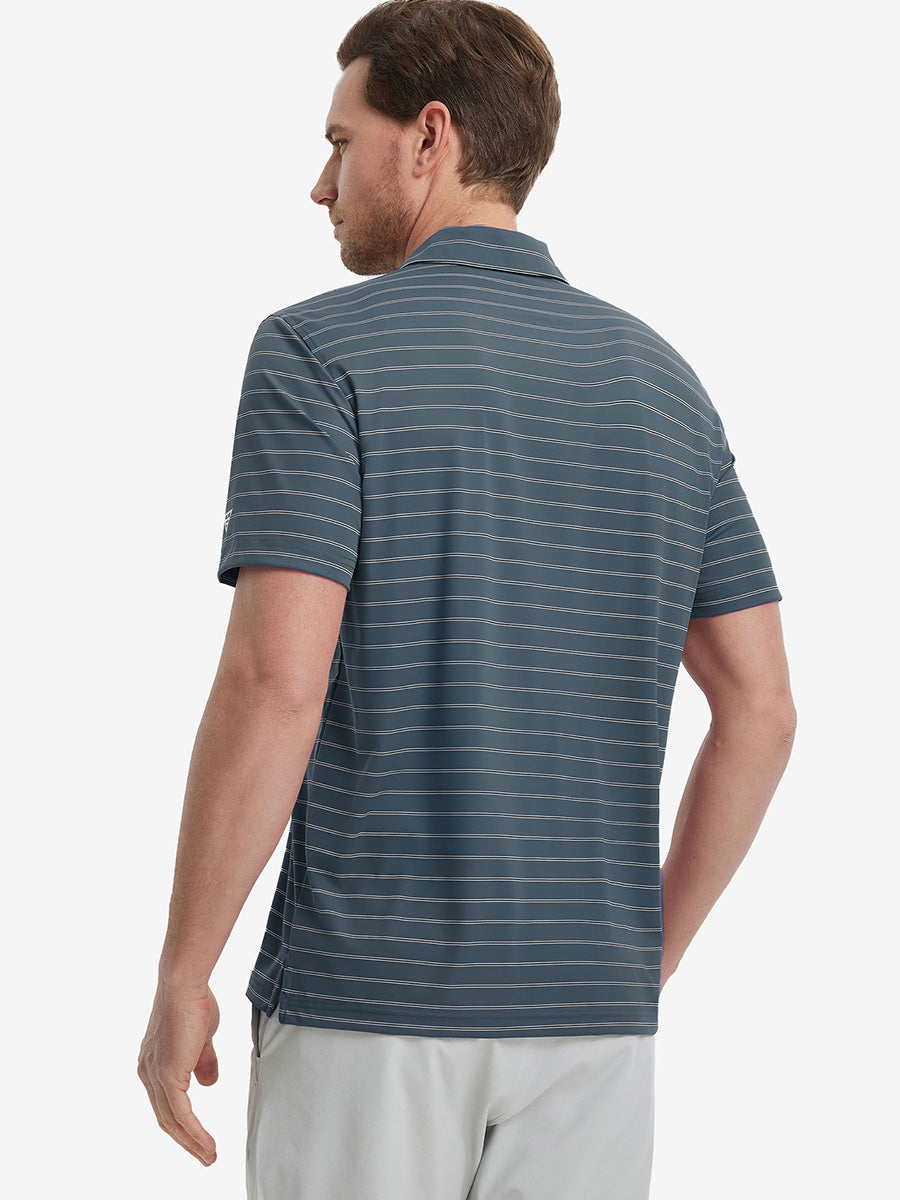 Back half-body view of model wearing DARK SLATE BLUE STRIPE Water Resistant Stripe Nylon Polo