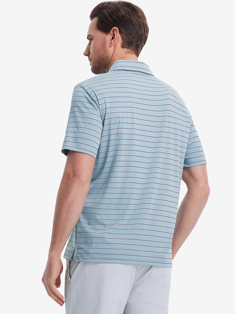 Back half-body view of model wearing SKY BLUE STRIPE Water Resistant Stripe Nylon Polo