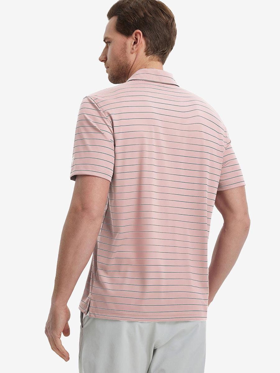 Model half-body back wearing Water Resistant Stripe Nylon Polo in Pale Pink Stripe.