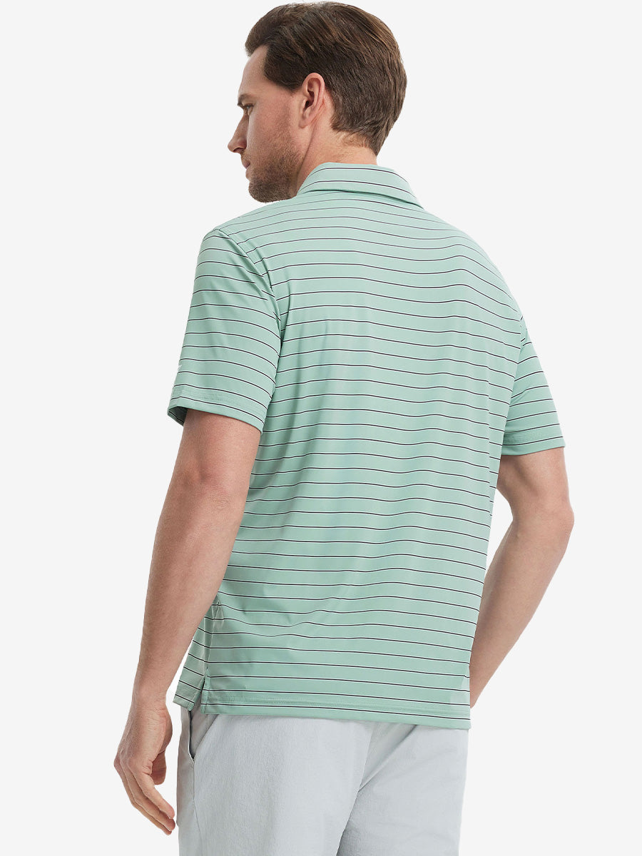 Back half-body view of model wearing LIGHT GREEN STRIPE Water Resistant Stripe Nylon Polo