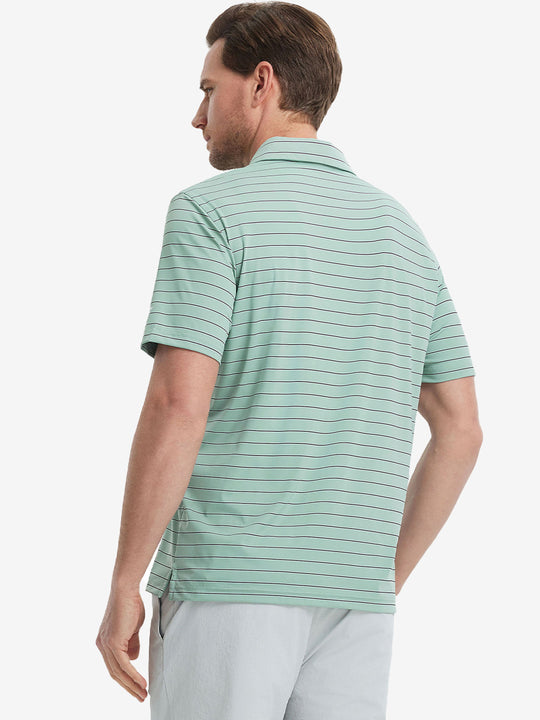 Back half-body view of model wearing LIGHT GREEN STRIPE Water Resistant Stripe Nylon Polo