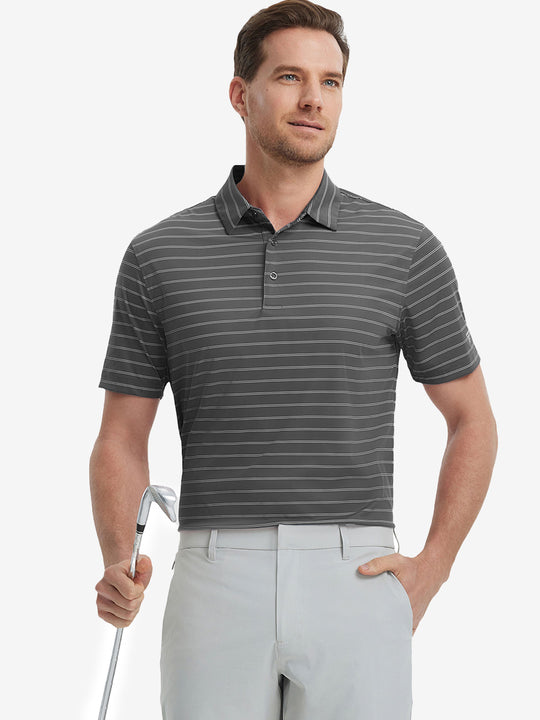 Model in DARK GREY STRIPE Stripe Nylon Polo holding golf club in confident front-facing pose