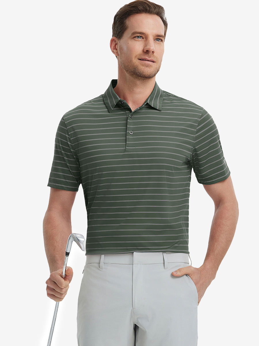 Model in BLACKISH GREEN STRIPE Stripe Nylon Polo holding golf club in confident front-facing pose