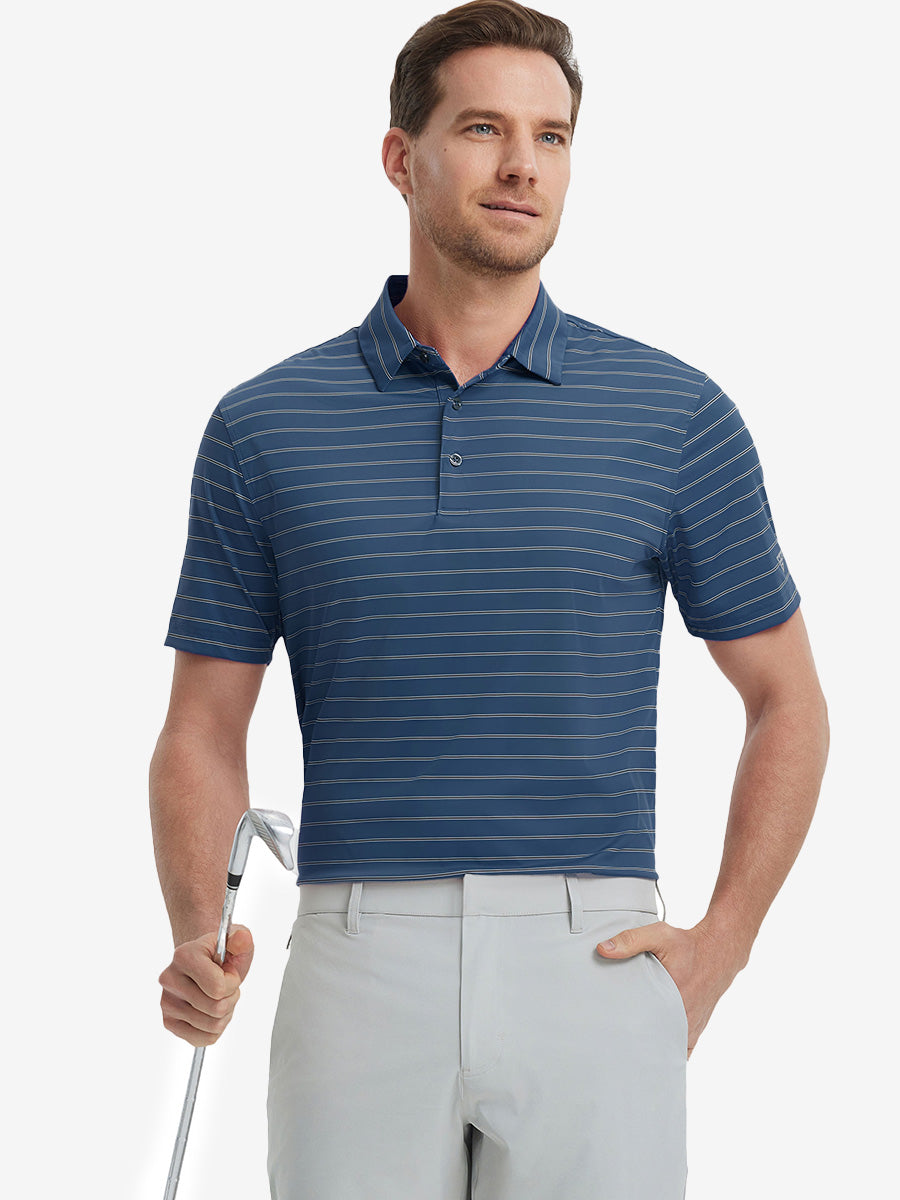 Model in DARK BLUE STRIPE Stripe Nylon Polo holding golf club in confident front-facing pose