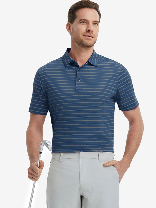Model in DARK BLUE STRIPE Stripe Nylon Polo holding golf club in confident front-facing pose