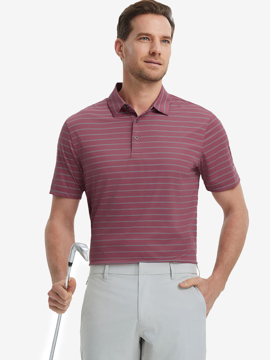 Model half-body front holding golf club wearing Water Resistant Stripe Nylon Polo in Beet Red Stripe.