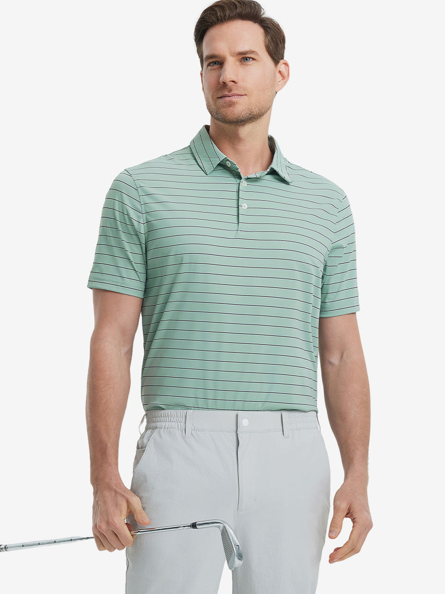 Model in LIGHT GREEN STRIPE Stripe Nylon Polo holding golf club in confident front-facing pose