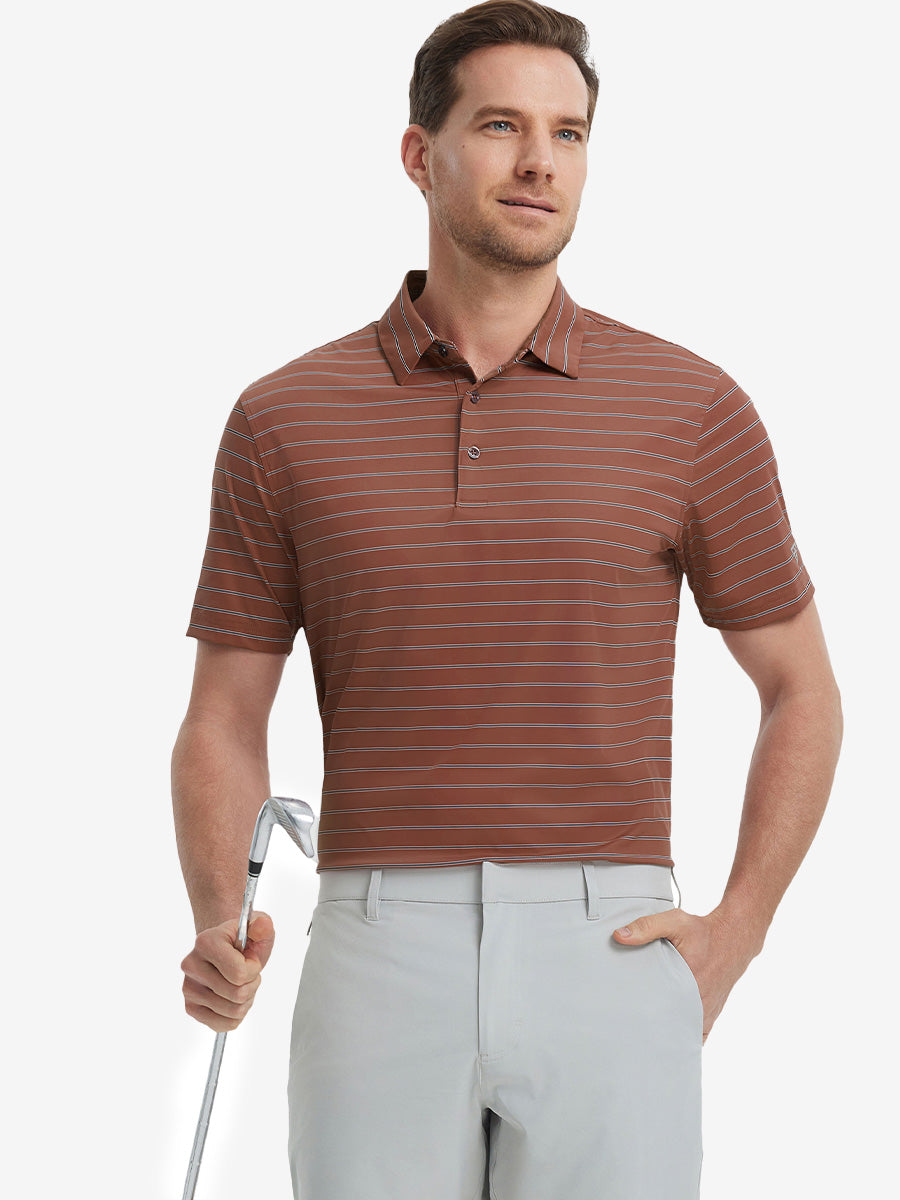 Model half-body front holding golf club wearing Water Resistant Stripe Nylon Polo in Henna Stripe.