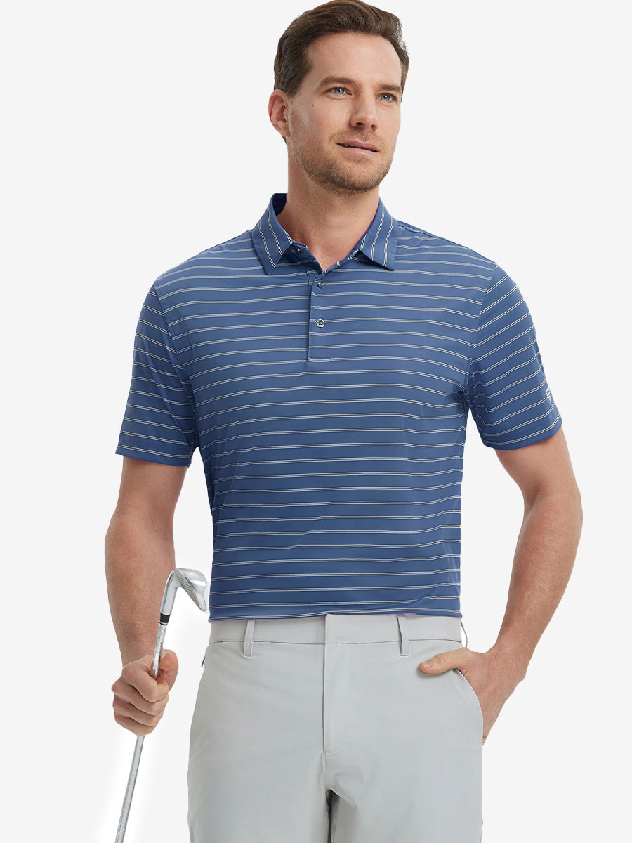 Model half-body front holding golf club wearing Water Resistant Stripe Nylon Polo in Blue Stripe.
