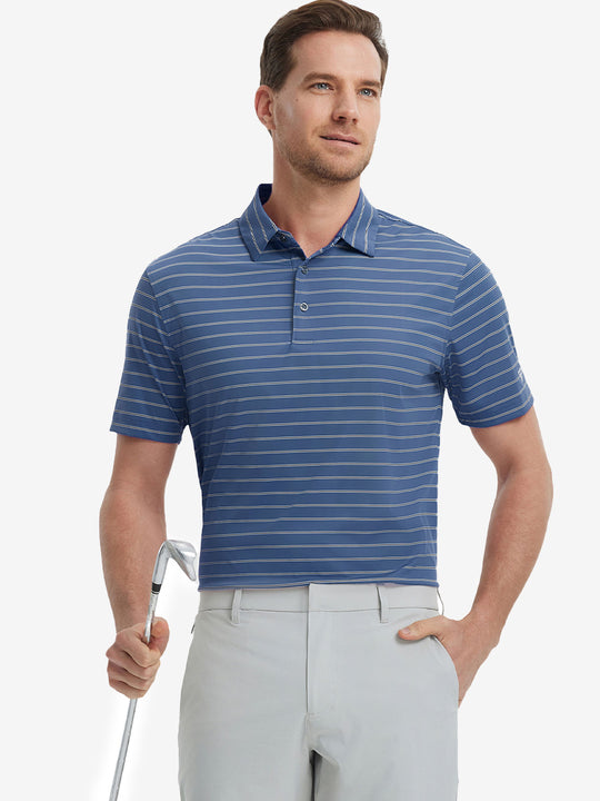 Model half-body front holding golf club wearing Water Resistant Stripe Nylon Polo in Blue Stripe.
