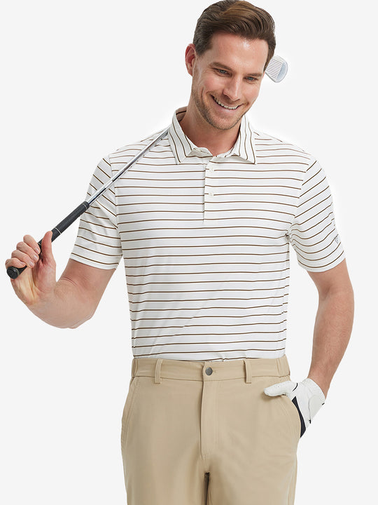 Model in CREAM STRIPE Stripe Nylon Polo holding golf club in confident front-facing pose