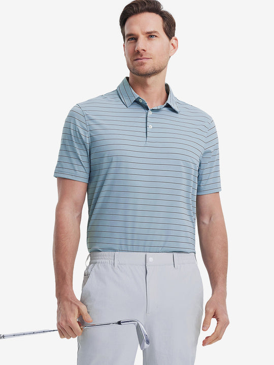 Model in SKY BLUE STRIPE Stripe Nylon Polo holding golf club in confident front-facing pose
