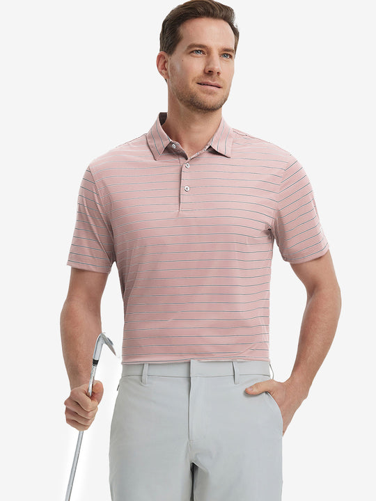 Model half-body front holding golf club wearing Water Resistant Stripe Nylon Polo in Pale Pink Stripe.